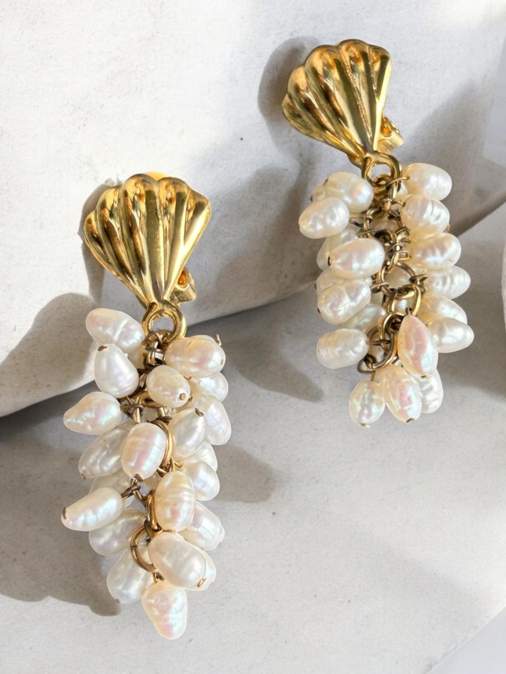 Vintage 1980’s 18k Gold Plated Fresh Water Baroque Pearl Cluster Shell Dangles